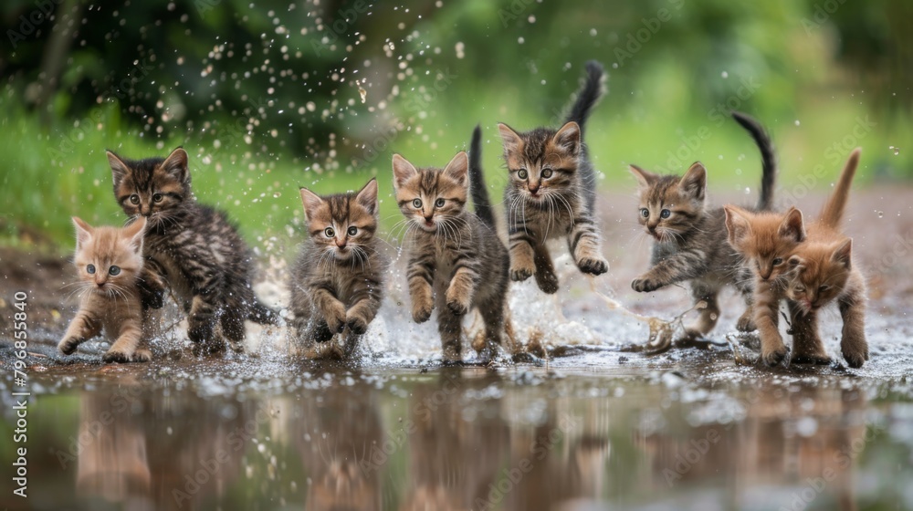 Poster A group of kittens frolicking in a puddle after a summer rain shower, their joyous splashing creating a scene of pure delight.