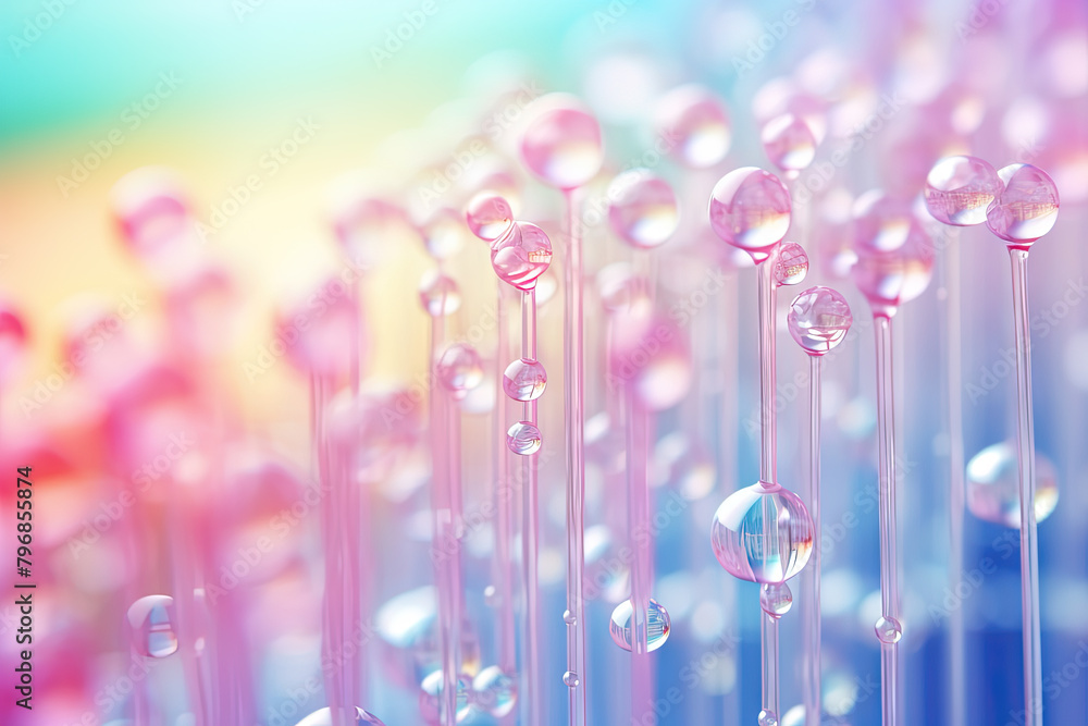 Poster Pink holographic bubbles floating on the soft colorful abstract background in beautiful vivid tones.