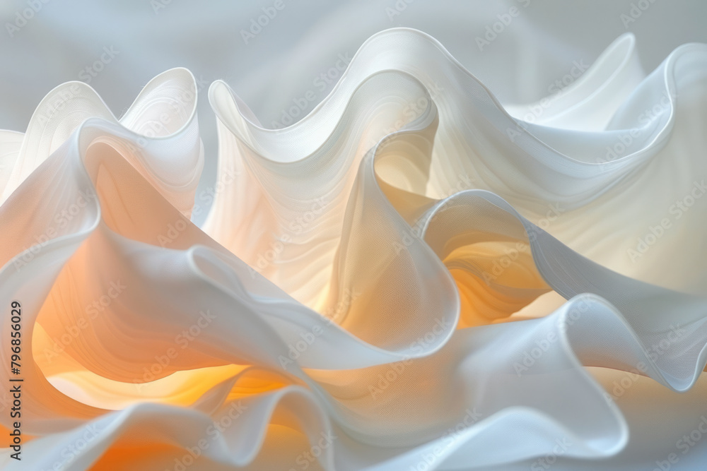 Poster Generate a visual representation of abstract forms that seem to ripple and undulate like fabric in the wind, utilizing soft, flowing lines and delicate pastel tones,