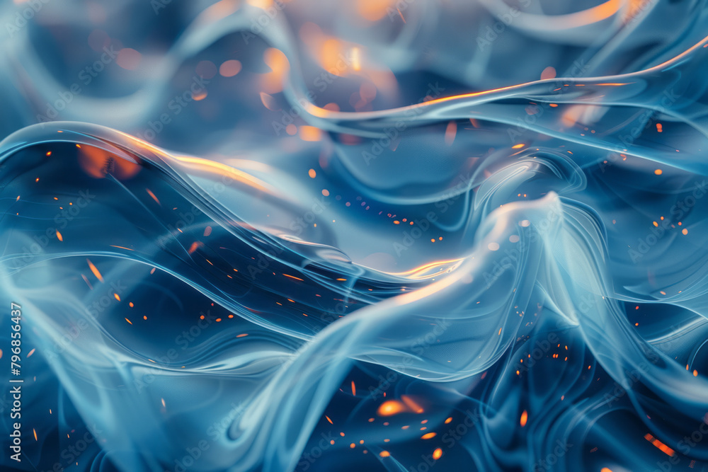 Poster Create a dynamic abstract scene with overlapping layers of transparent shapes that create a sense of depth and dimension, employing cool, calming tones,