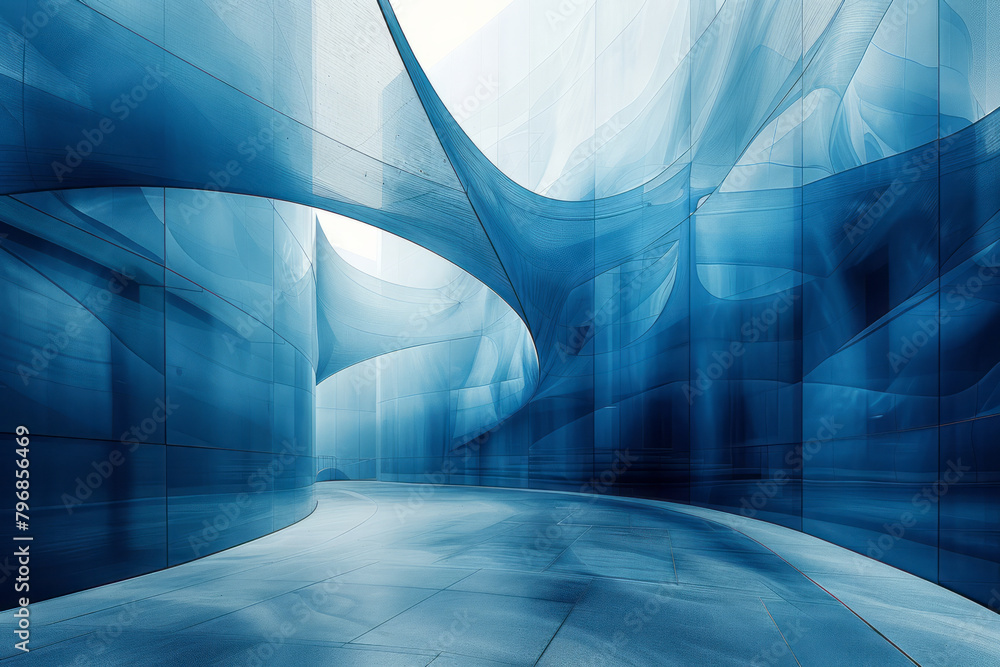 Poster create a dynamic abstract scene with overlapping layers of transparent shapes that create a sense of