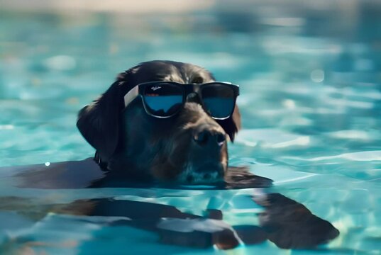 A fashionable dog dons sunglasses while swimming. Perfect for leisure and pet themes. Generative AI