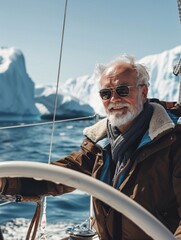 A man is steering a boat in the ocean