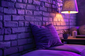 brick wall interior purple pillow and lamp decor