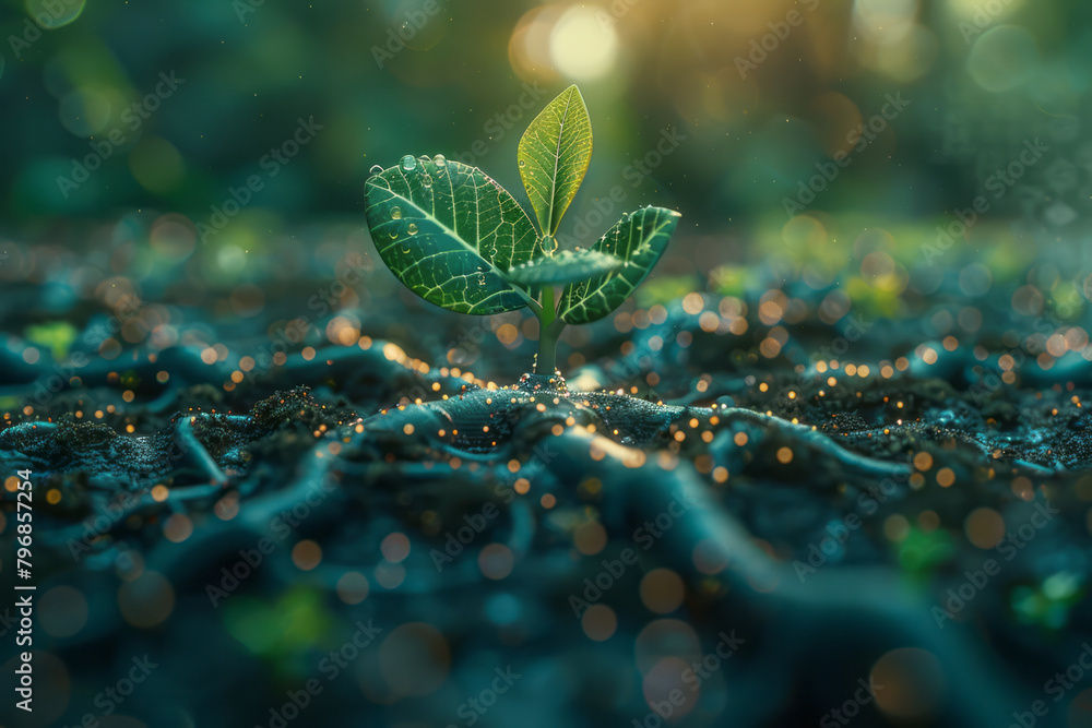 Leinwandbilder An artificial intelligence interface displayed as a neural network with roots and leaves, symbolizing growth and learning,