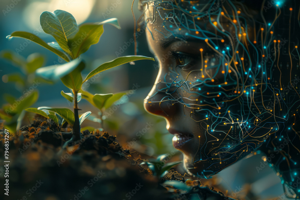 Leinwandbilder An artificial intelligence interface displayed as a neural network with roots and leaves, symbolizing growth and learning,