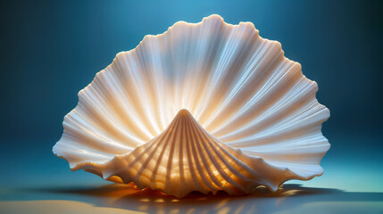 Elegant Scallop Seashell with Radiant Lighting Against a Tranquil Blue Background