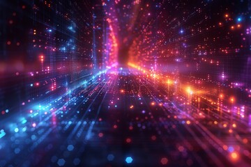 Naklejka premium The canvas showcases an immersive digital art piece, resembling a cyber-space network with glowing, vibrant lines and nodes that evoke a futuristic vibe