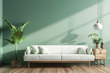 green mint wall with sofa & sideboard on wood floor interior