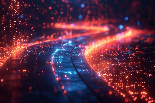 Futuristic digital landscape with shimmering particle waves resembling a night scene with city lights or neural network paths