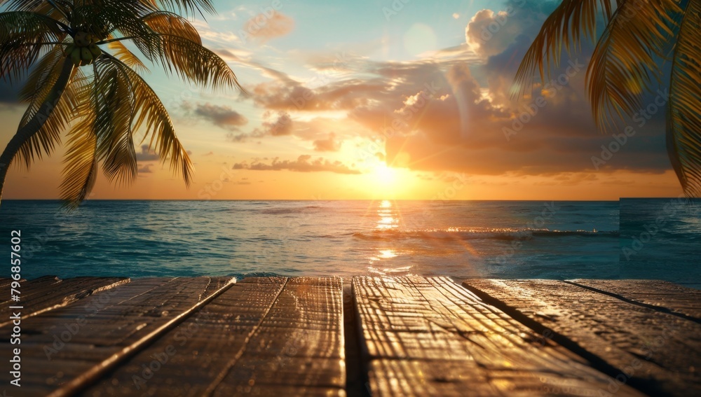Poster a wooden table with an ocean view and palm trees in the background, creating a tropical beach atmosp