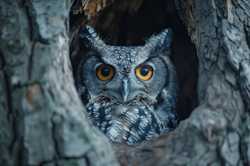 A wise old owl perched in a hollow tree, eyes glowing in the twilight,