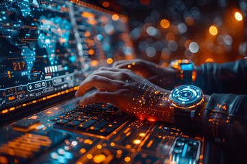 Technologically Advanced Office - Person in Smart Watch and Glasses Working at Computer