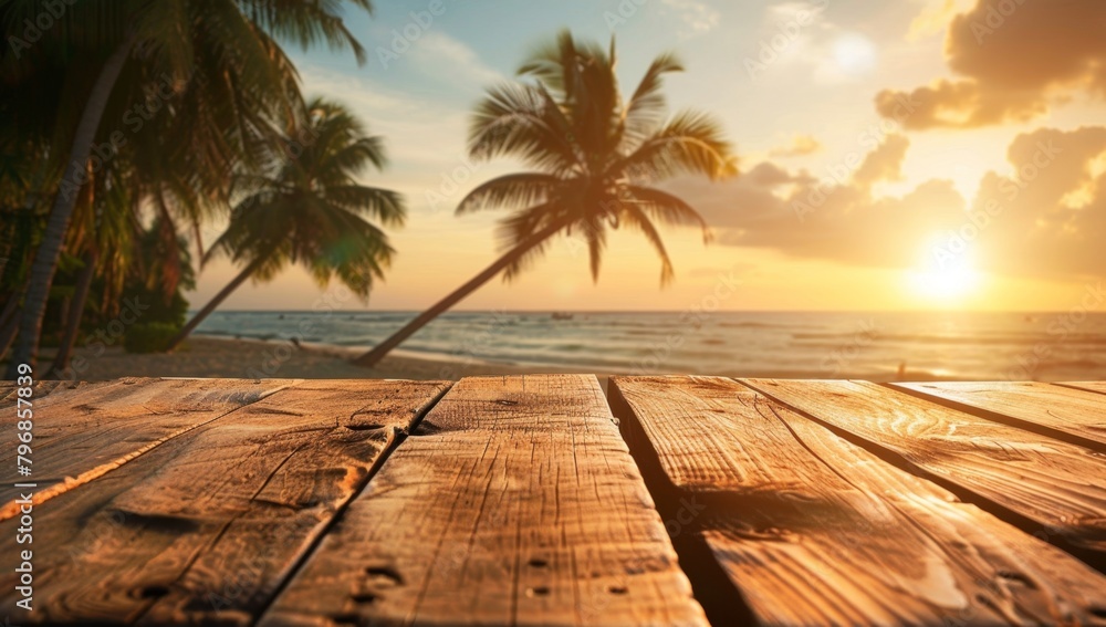 Poster a wooden table with a blurred background of palm trees and the sea, bathed in warm sunlight empty bl