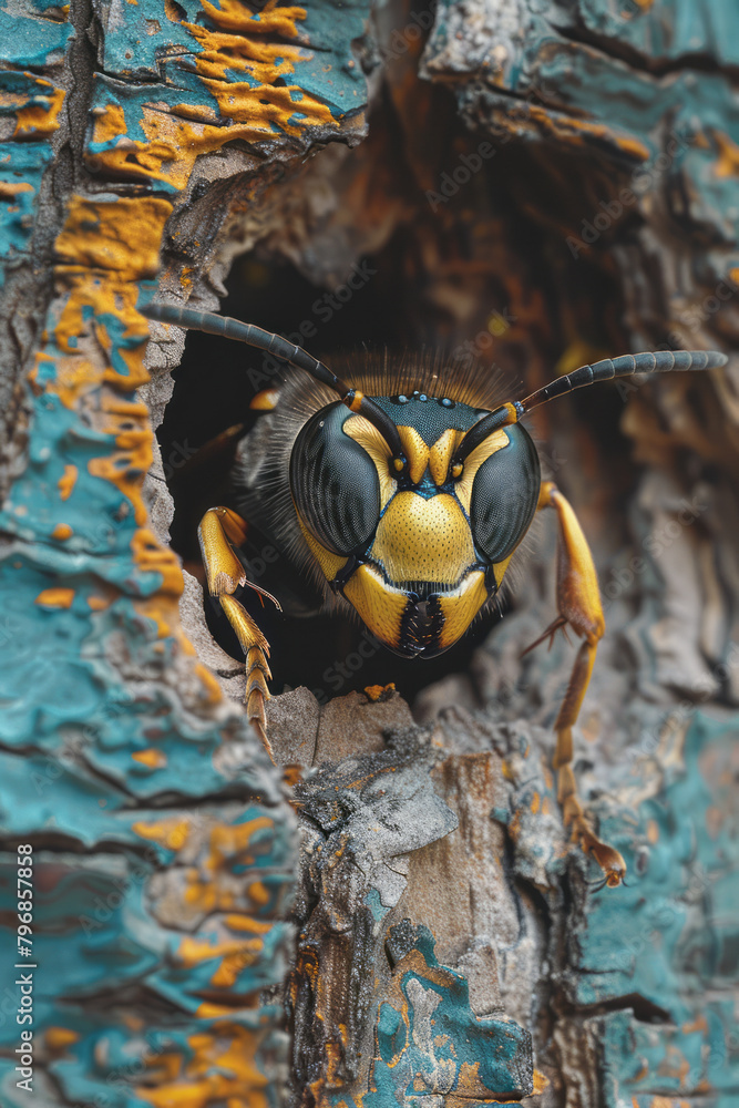 Poster a wasp building its paper nest, the structure intricate and precise,