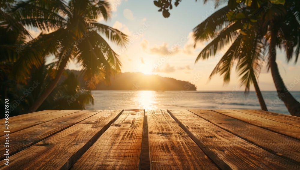 Poster a wooden table with a blurred background of palm trees and the sea, bathed in warm sunlight the scen