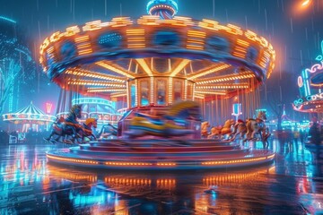 An enchanting rainy evening at the fair with a dynamic and colorful merry-go-round in full swing