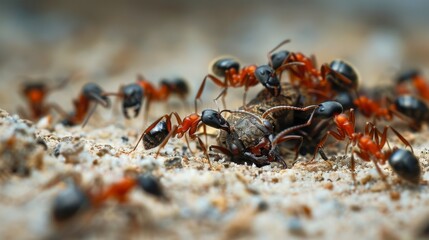 A macro shot of ants working together to dismantle and transport a dead insect back to their nest, highlighting their role as nature's cleaners.