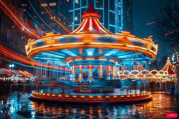 An inviting carousel brightly lit with neon lights, spinning in the evening at a lively amusement park