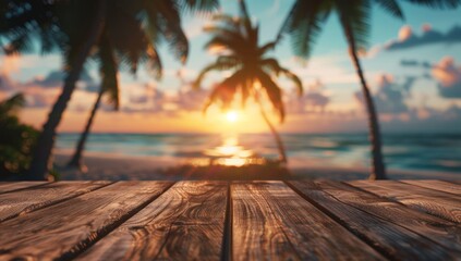 Beautiful summer background with a wooden table and blurred palm trees on the beach at sunset banner for advertising products Generative AI