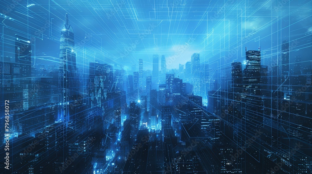 Poster abstract grid scape: a photo of a city skyline with a grid pattern overlay