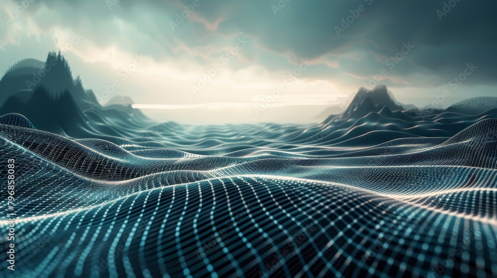 Poster abstract grid scape: a photo of a digital landscape with an abstract grid pattern