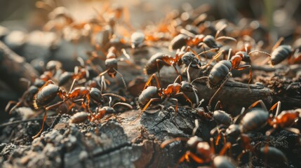 A macro shot of industrious ants working together to transport food across a forest floor, showcasing teamwork and efficiency in nature.