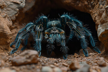 A tarantula emerging from its burrow at night, the desert floor alive with nocturnal activity, - obrazy, fototapety, plakaty