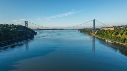 A majestic suspension bridge spanning a wide river, connecting two bustling cities on opposite shores