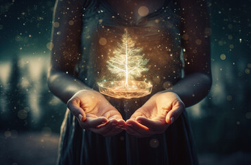 Girl hands holding shiny magic tree. Spiritual concept of life and growth. - 796858461