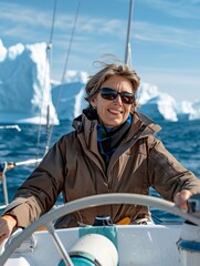 Naklejka premium A woman is steering a boat in the ocean