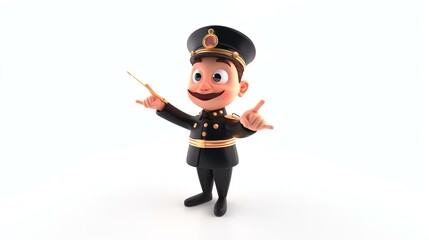 Cheerful and happy cartoon conductor in black uniform with golden epaulettes and cap smiling and holding a baton in his hand. Isolated on white.