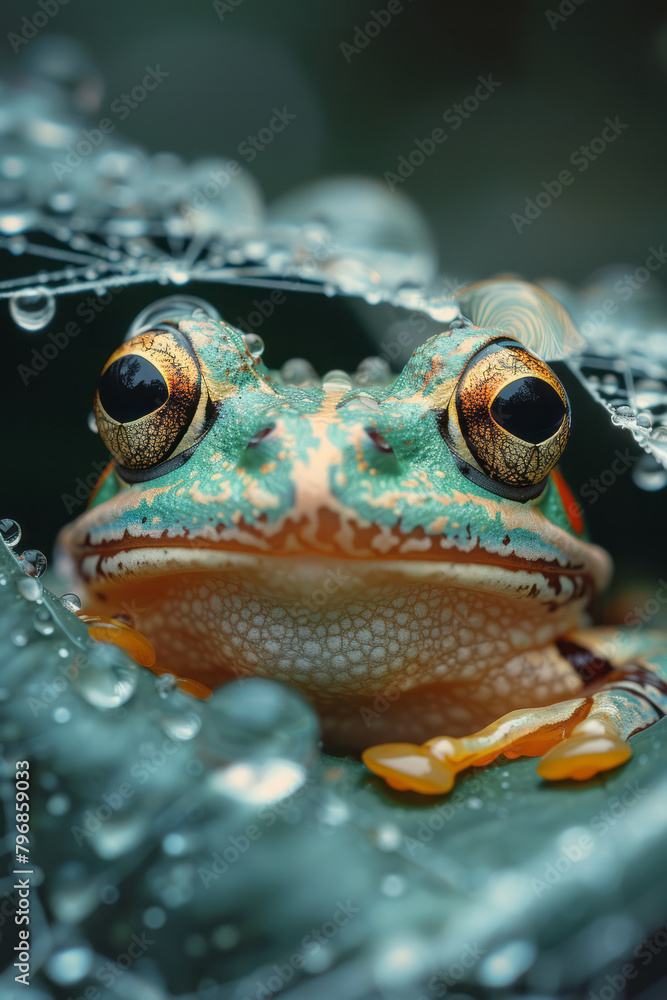 Poster a spider and a frog sharing space, the frog protected from insects by the spiderâ€™s web,