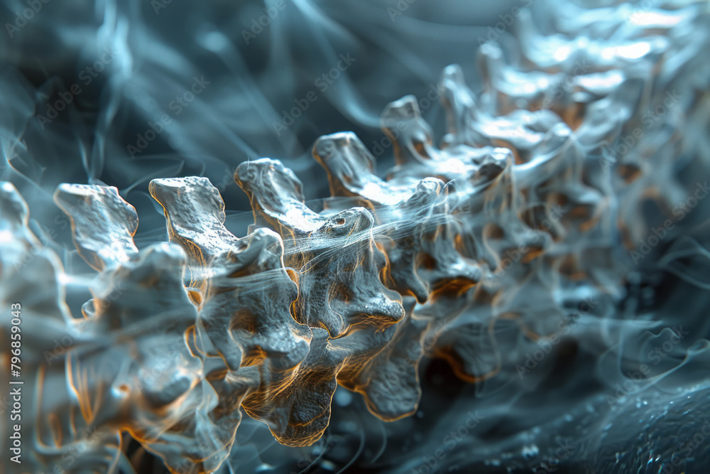 Poster a spine x-ray overlaid with a titanium scaffold, illustrating medical and mechanical support integra