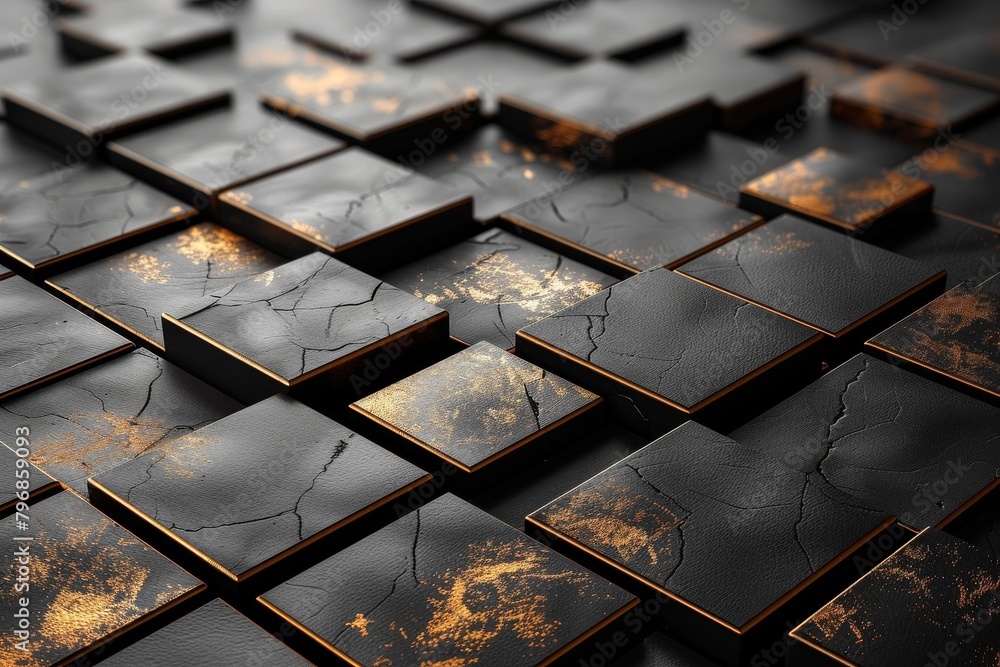Poster this image showcases a striking 3d rendering of black tiles with gold cracks adding a luxury feel to