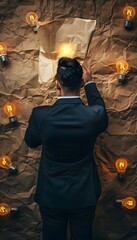 Businessman Standing in Dimly Lit Room Surrounded by Illuminated Light Bulbs,Exploring Innovative Ideas and Conceptualizing Solutions for Business
