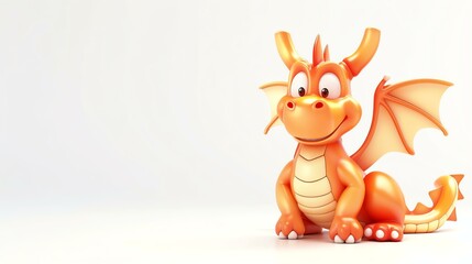 Cute and friendly orange baby dragon sitting on a white background. 3D rendering.