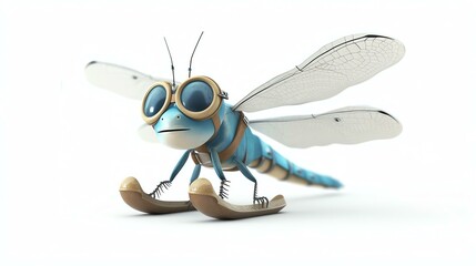 A cute and friendly dragonfly wearing a pair of goggles and skis. The dragonfly is blue and white and has a big smile on its face.