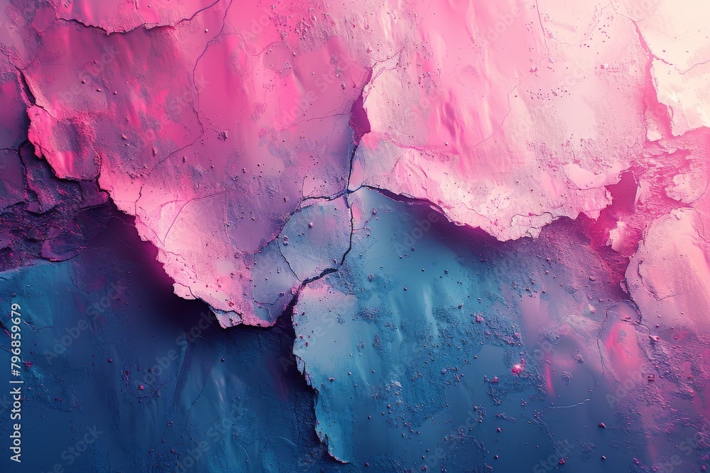 Poster a textural masterpiece with sharp contrast between pink and blue regions, signifying duality in an a
