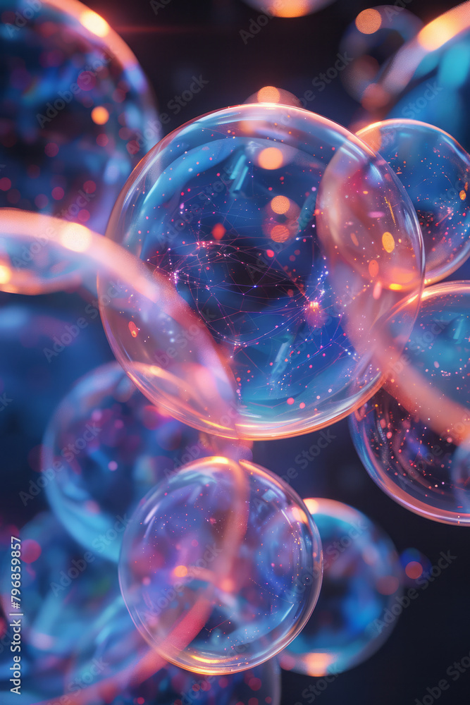 Poster A series of interconnected bubbles floating upward, representing social media networks and communication,