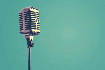 A vintage microphone against a teal background.
