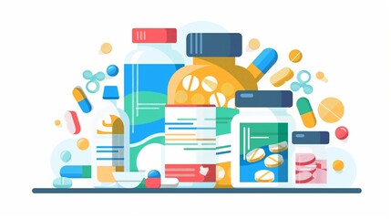 Assortment of Medication and Supplements Vector Illustration on Green Background