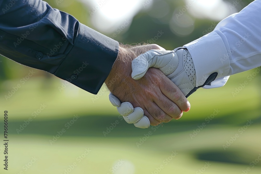 Wall mural golfer wearing golf glove shake hand with businessman on golf course blur background