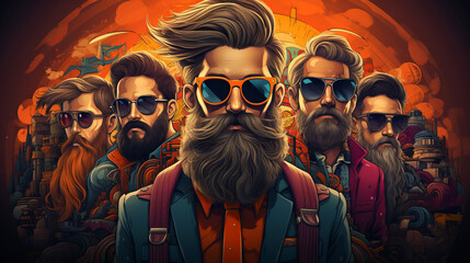 Barber shop theme: A bearded hipsters portrait painting.