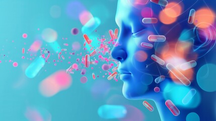 Digitally Rendered Illustration of Floating Medicinal Pills Near Human Profile Against Blue Background