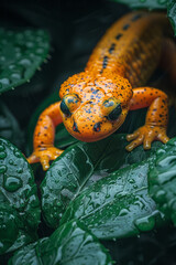 A salamander slinking through wet undergrowth, its vibrant skin a splash of color, - obrazy, fototapety, plakaty