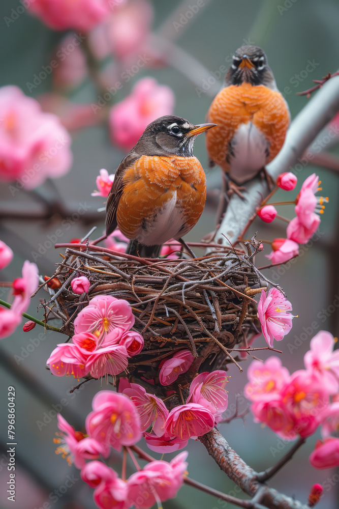 Aufkleber a robin building a nest in the crook of a blooming tree, industrious and focused,