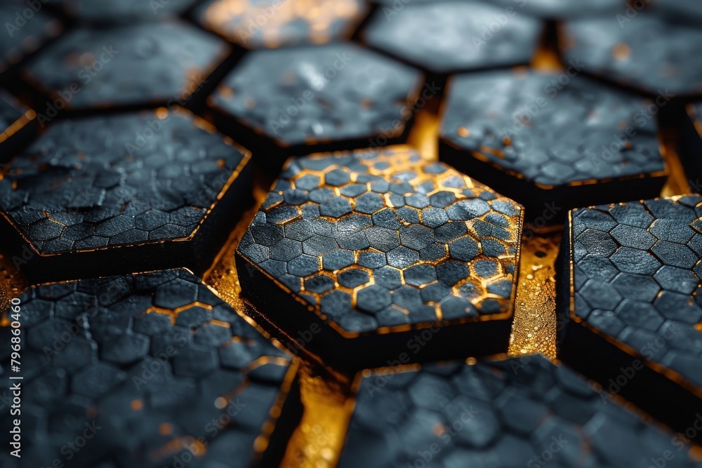Poster detailed close-up of textured hexagonal shapes with golden edges symbolizing connectivity and unity