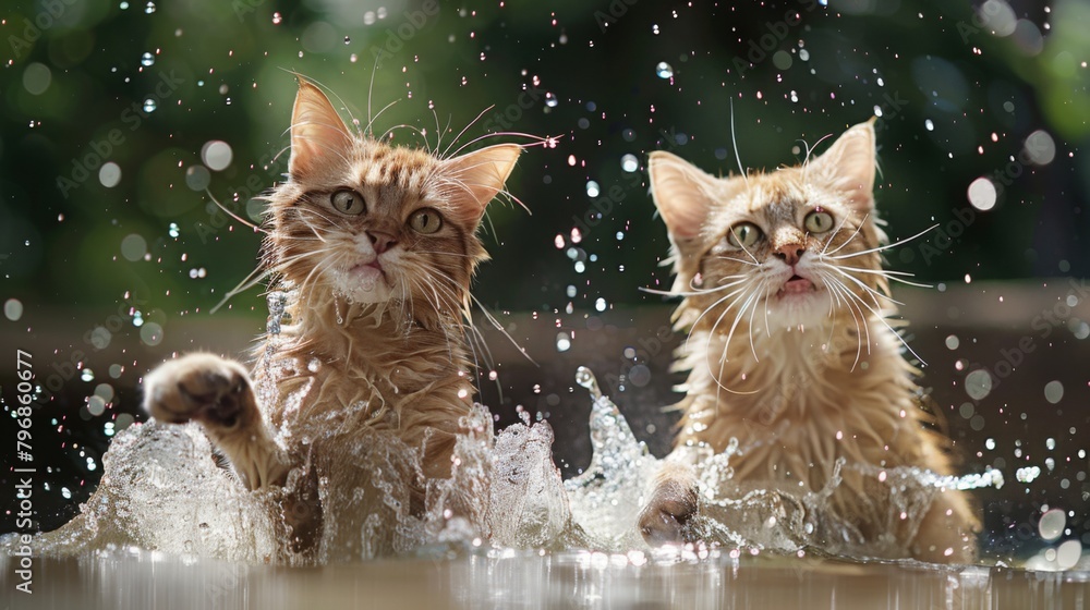 Poster a pair of playful cats splashing in a shallow pool of water, their fur glistening with droplets as t