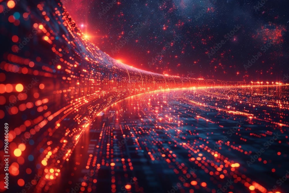 Poster luminous red and blue digital particles form an energetic and futuristic data stream across a cosmic